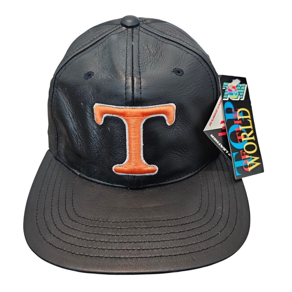 Vtg University Of Tennessee Volunteers Strapback Hat UT Black Leather Flat Bill